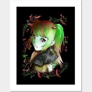 Green witch girl with black kitten for anime fans Posters and Art